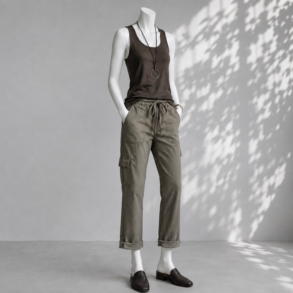 Vintage Y2K Sandro Womens 10 Gray Green Cotton Cargo Capri Cropped Pants